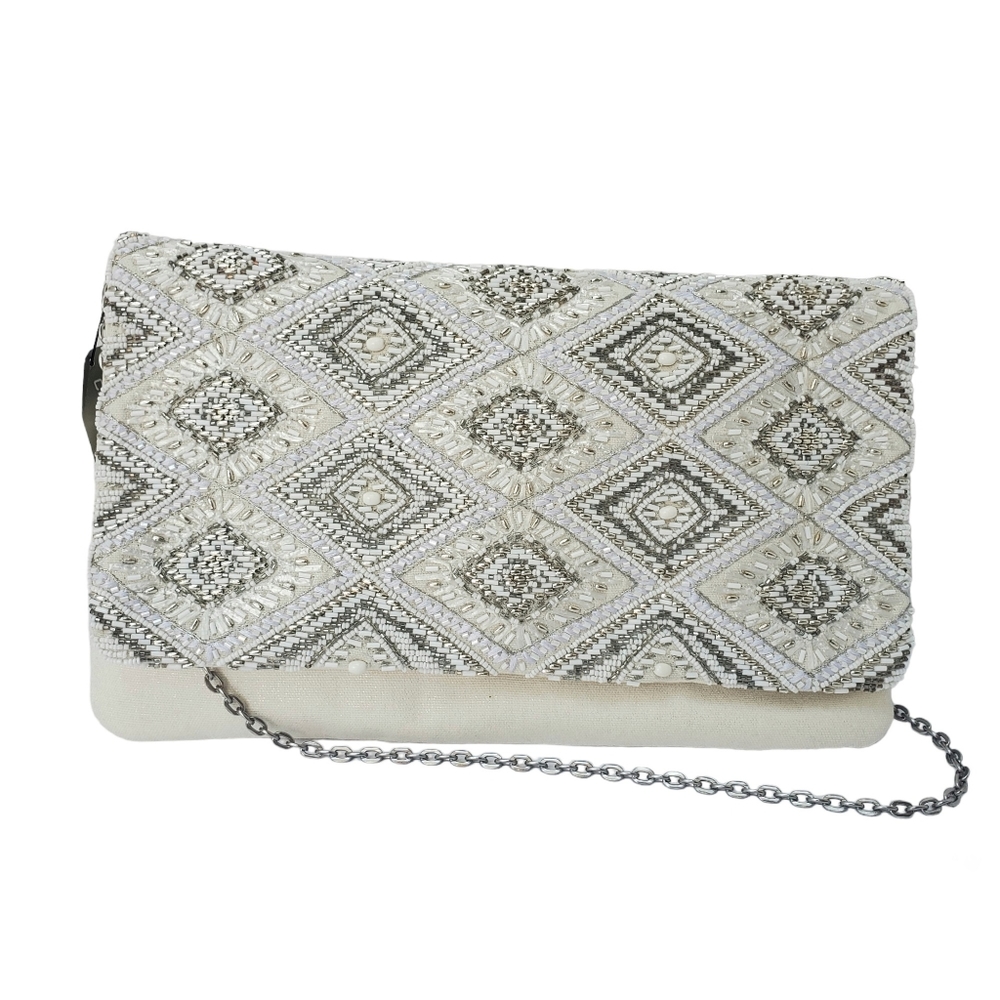 Chico's 'Jasmine' Beaded Clutch White Bag w/ Shoulder Chain NWT!